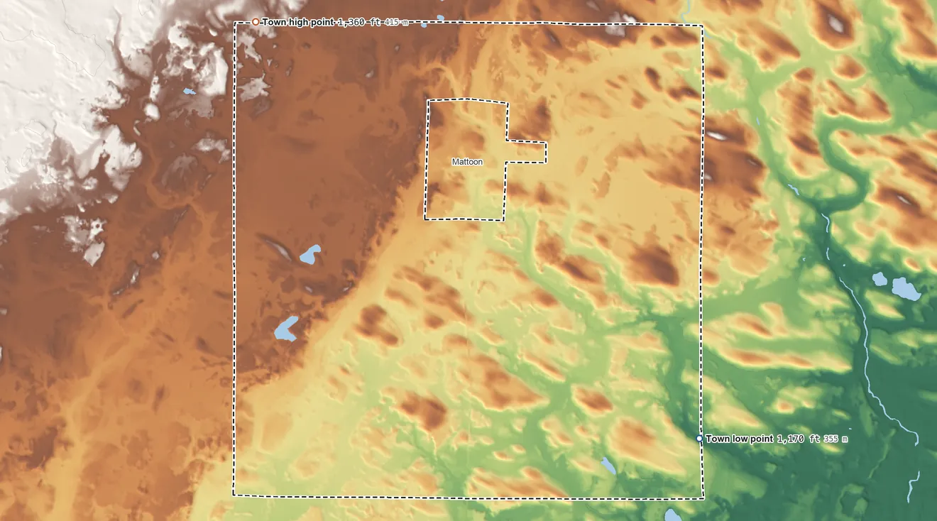 Topographic elevation map of Hutchins, Wisconsin, shaded from 1,170 ft on the southeast side to 1,360 ft on the northwest side