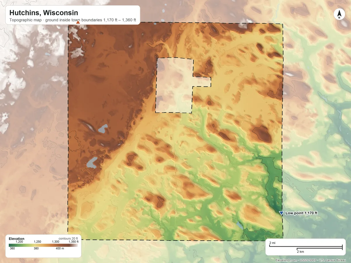 Topographic elevation map of Hutchins, Wisconsin, shaded from 1,170 ft on the southeast side to 1,360 ft on the northwest side