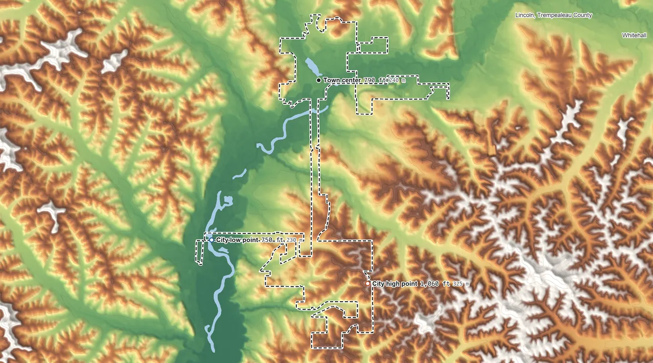 Topographic elevation map of Independence, Wisconsin, shaded from 750 ft on the southwest side to 1,060 ft on the south side