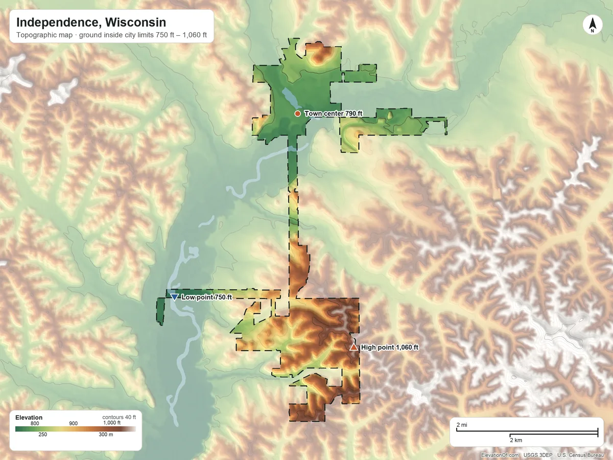 Topographic elevation map of Independence, Wisconsin, shaded from 750 ft on the southwest side to 1,060 ft on the south side