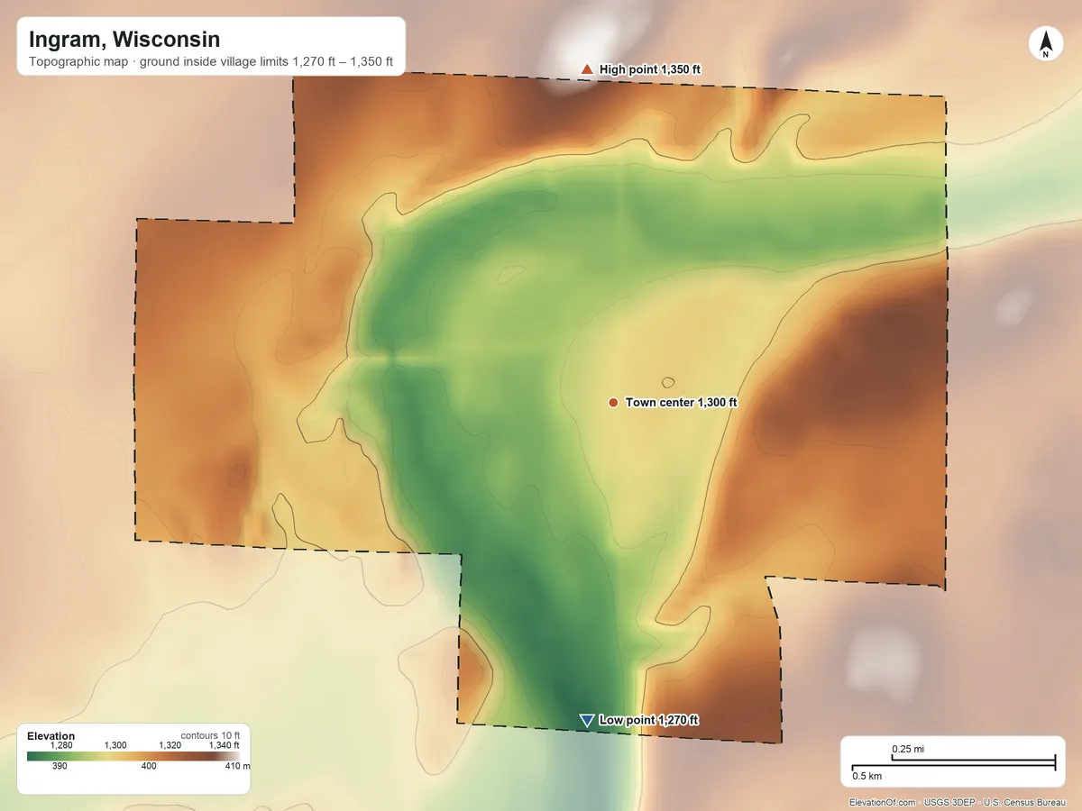 Topographic elevation map of Ingram, Wisconsin, shaded from 1,270 ft on the south side to 1,350 ft on the north side