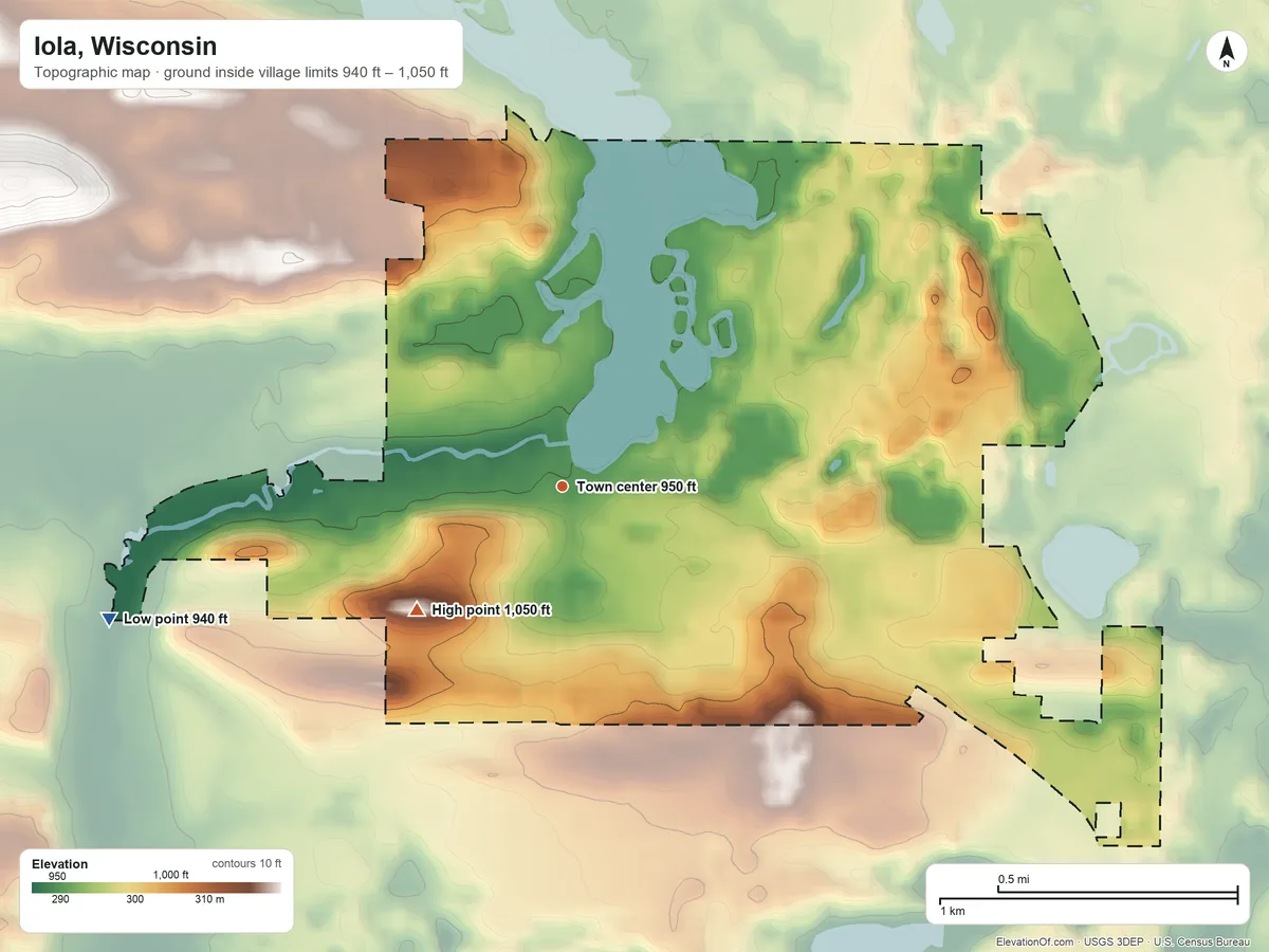 Topographic elevation map of Iola, Wisconsin, shaded from 940 ft on the west side to 1,050 ft on the southwest side