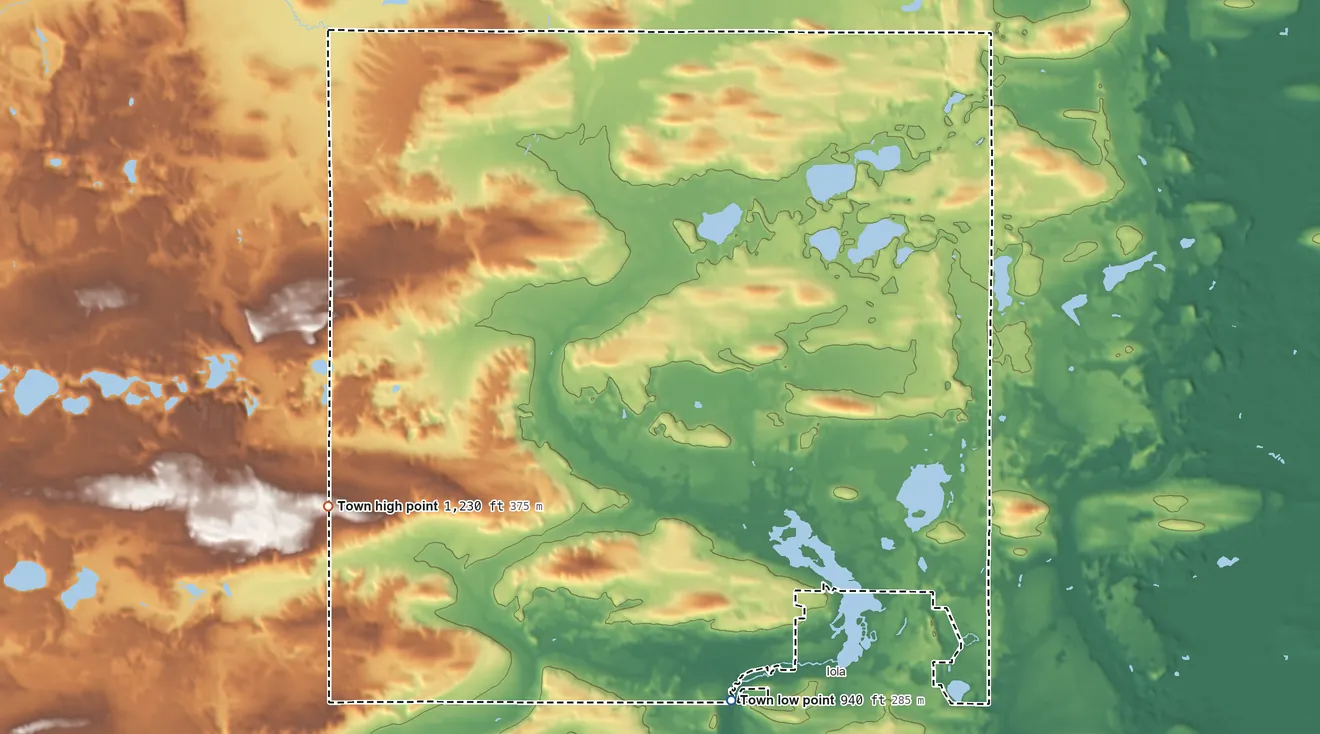 Topographic elevation map of Town of Iola, Wisconsin, shaded from 940 ft on the south side to 1,230 ft on the west side