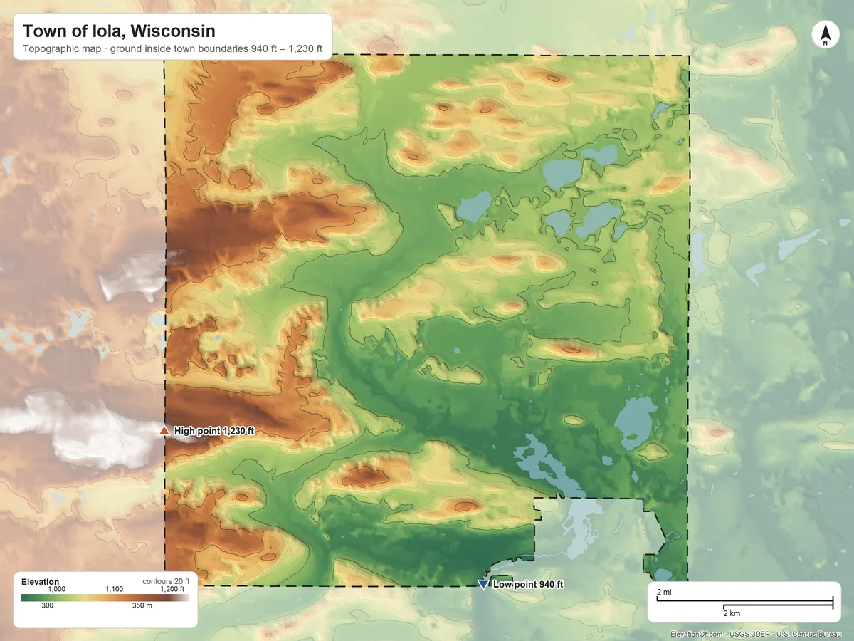 Topographic elevation map of Town of Iola, Wisconsin, shaded from 940 ft on the south side to 1,230 ft on the west side