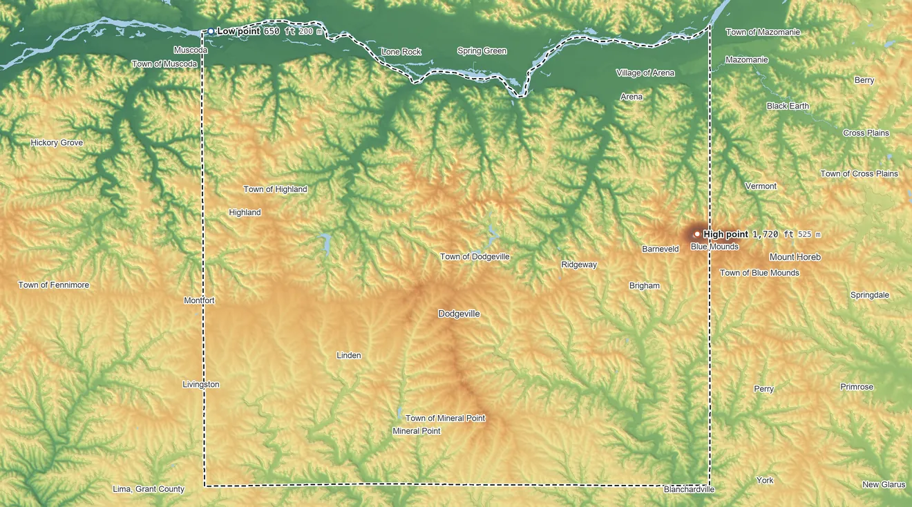 Topographic elevation map of Iowa County, Wisconsin, shaded from 650 ft on the northwest side to 1,720 ft on Blue Mounds