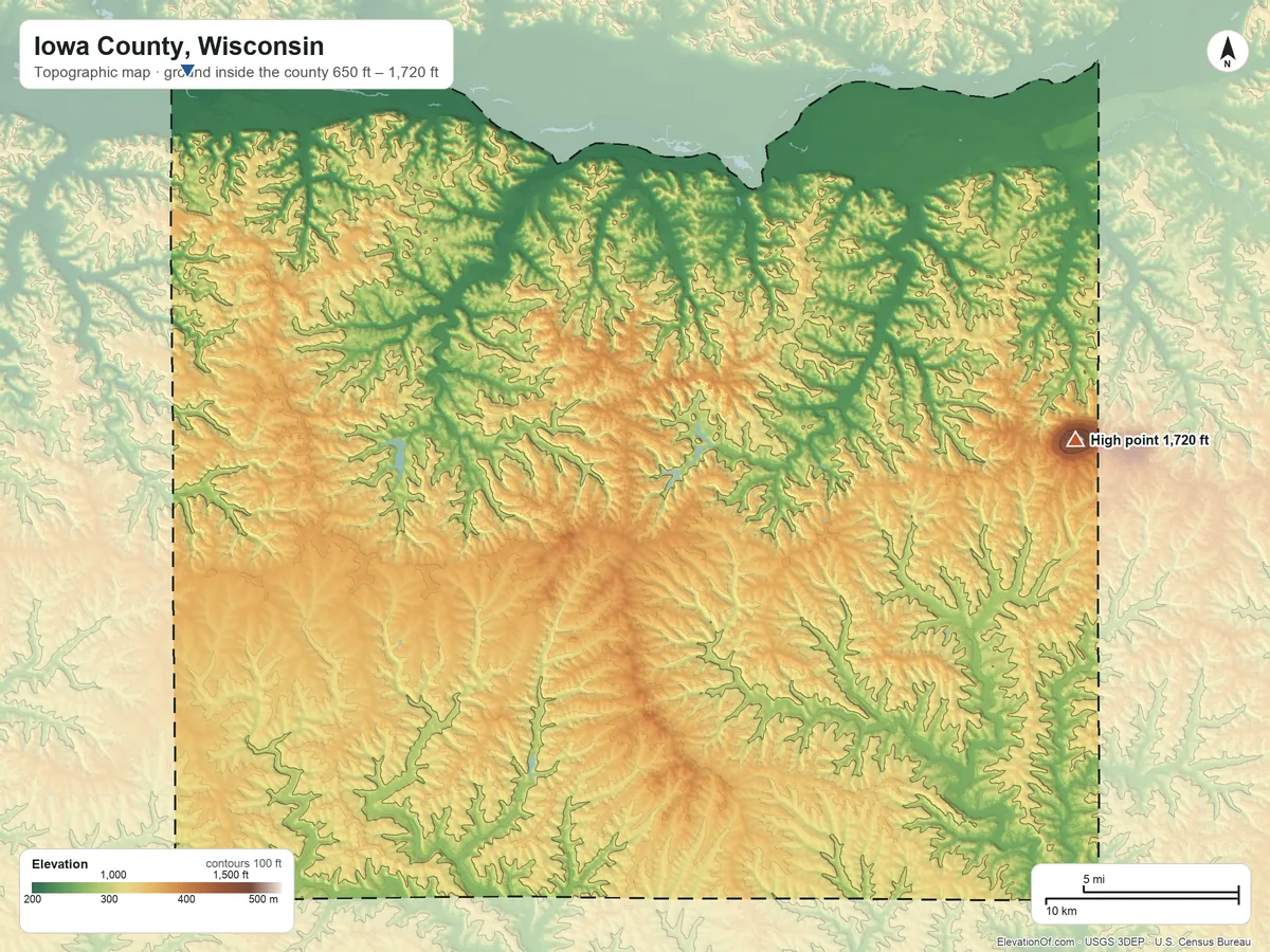 Topographic elevation map of Iowa County, Wisconsin, shaded from 650 ft on the northwest side to 1,720 ft on Blue Mounds
