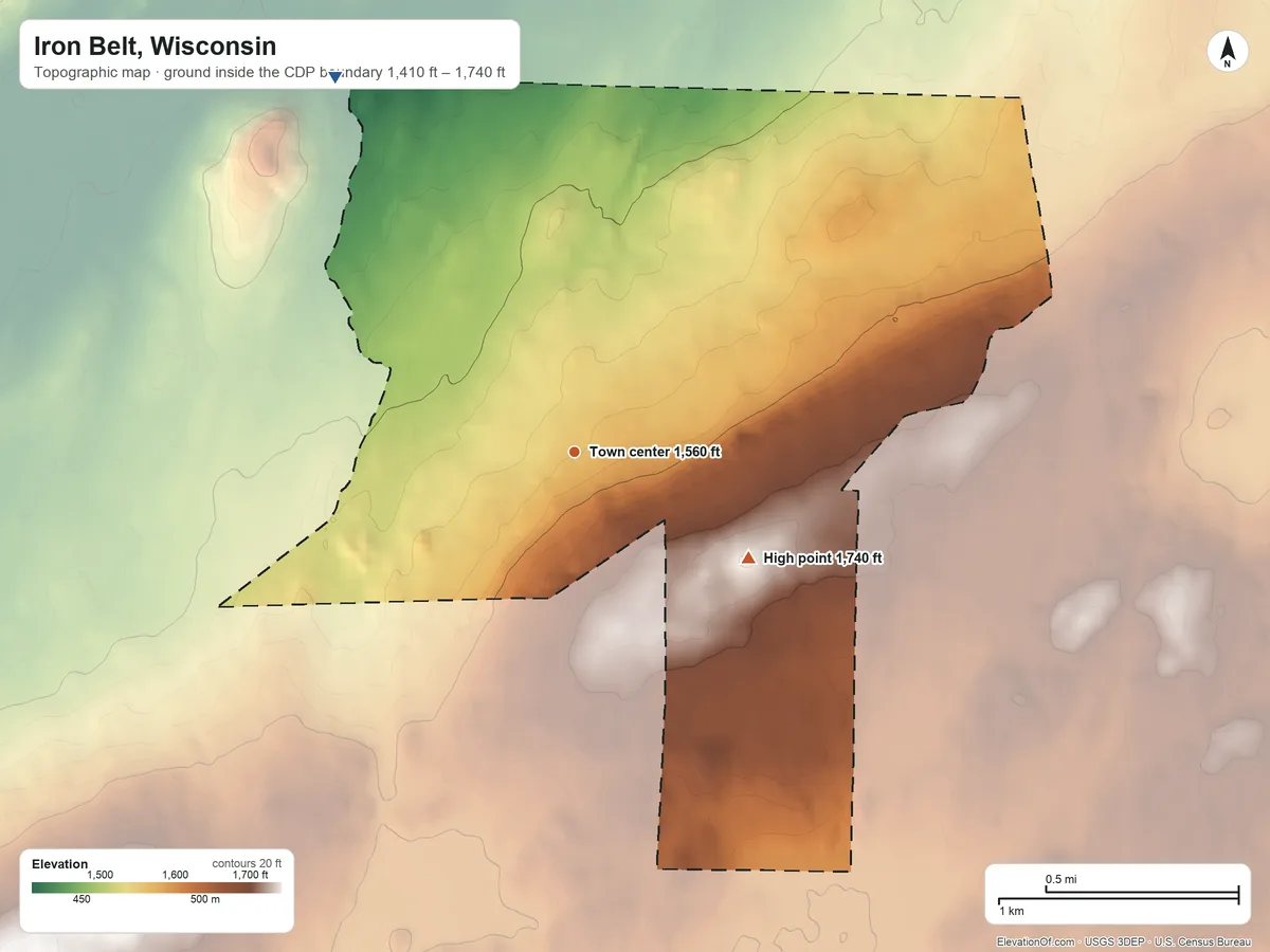 Topographic elevation map of Iron Belt, Wisconsin, shaded from 1,410 ft on the northwest side to 1,740 ft on the southeast side