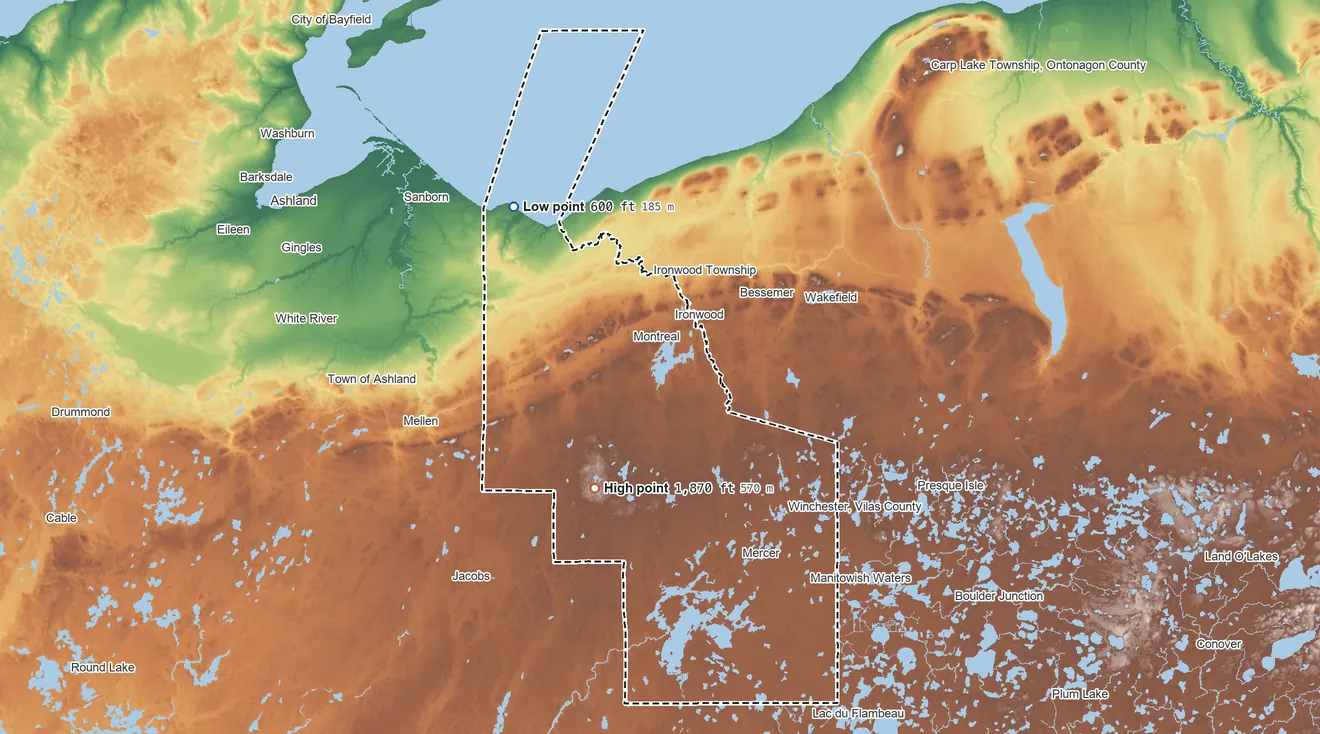 Topographic elevation map of Iron County, Wisconsin, shaded from 600 ft on the northwest side to 1,870 ft on the southwest side