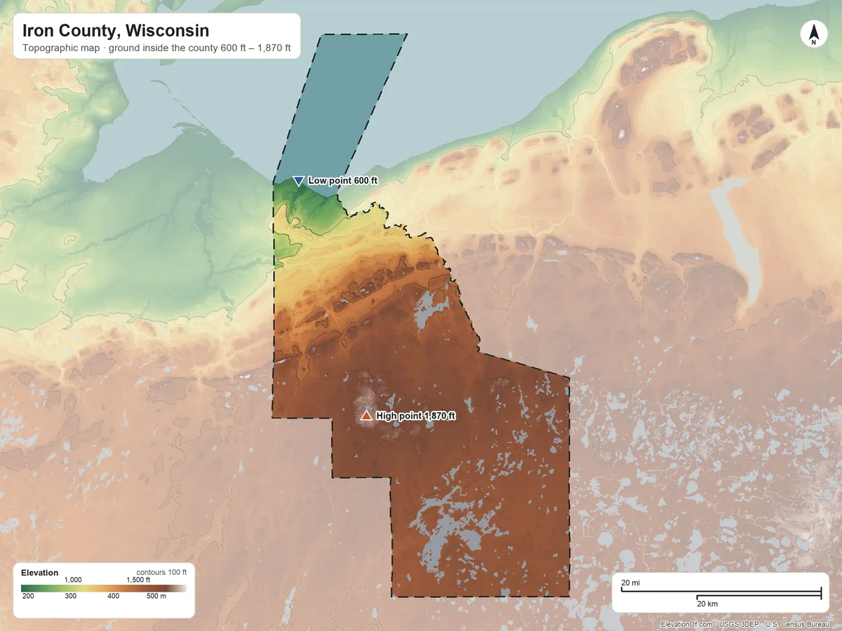 Topographic elevation map of Iron County, Wisconsin, shaded from 600 ft on the northwest side to 1,870 ft on the southwest side