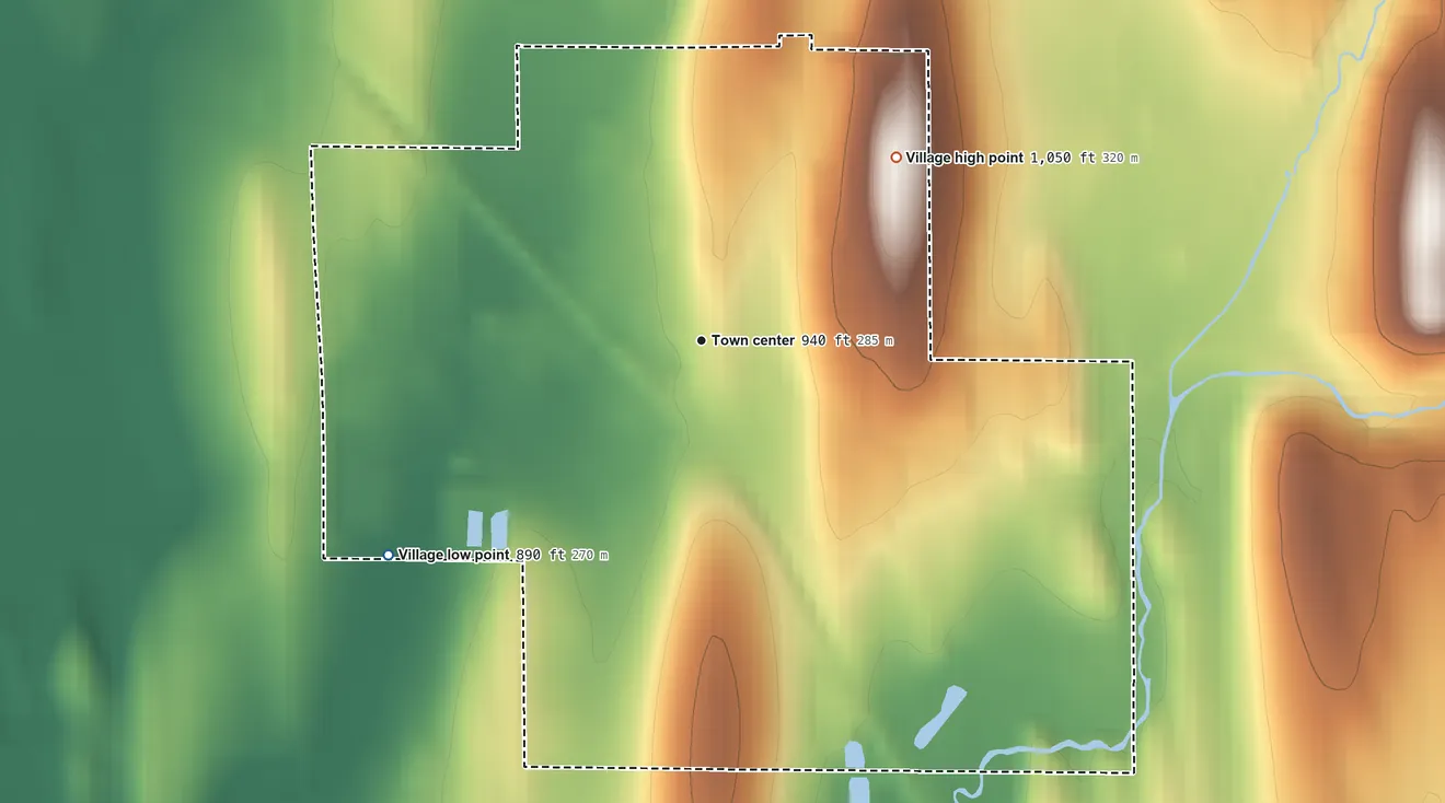 Topographic elevation map of Iron Ridge, Wisconsin, shaded from 890 ft on the southwest side to 1,050 ft on the northeast side