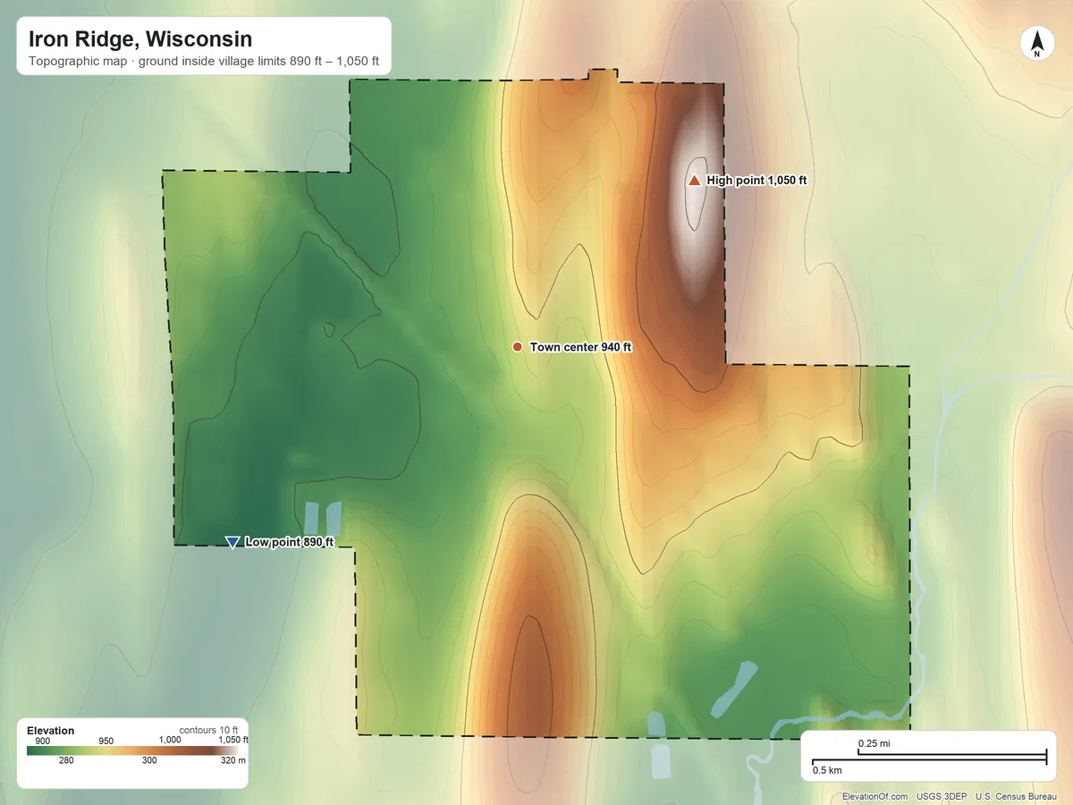 Topographic elevation map of Iron Ridge, Wisconsin, shaded from 890 ft on the southwest side to 1,050 ft on the northeast side