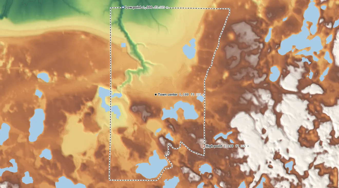 Topographic elevation map of Iron River, Bayfield County, Wisconsin, shaded from 1,000 ft on the north side to 1,190 ft on the southeast side