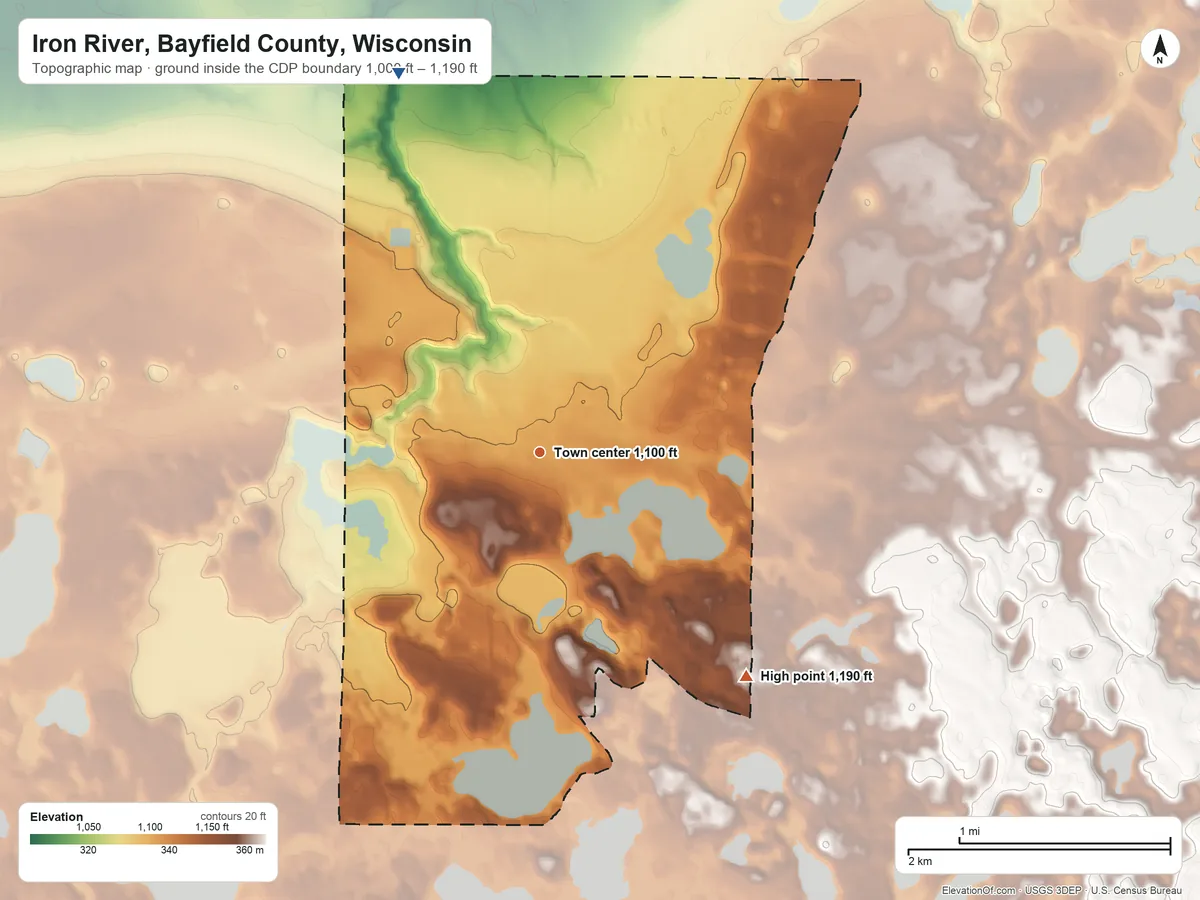 Topographic elevation map of Iron River, Bayfield County, Wisconsin, shaded from 1,000 ft on the north side to 1,190 ft on the southeast side
