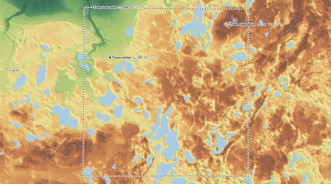 Topographic elevation map of Iron River, Wisconsin, shaded from 1,000 ft on the north side to 1,330 ft on the east side