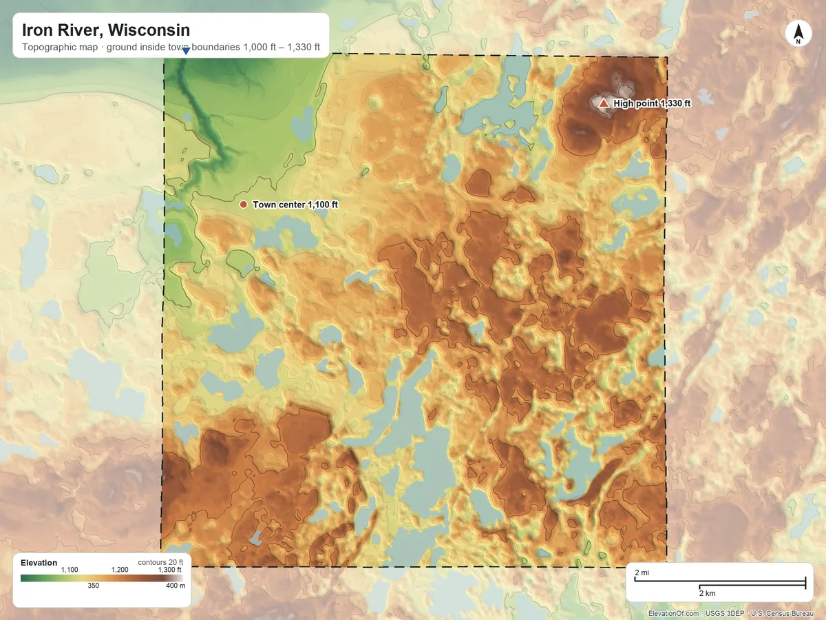 Topographic elevation map of Iron River, Wisconsin, shaded from 1,000 ft on the north side to 1,330 ft on the east side