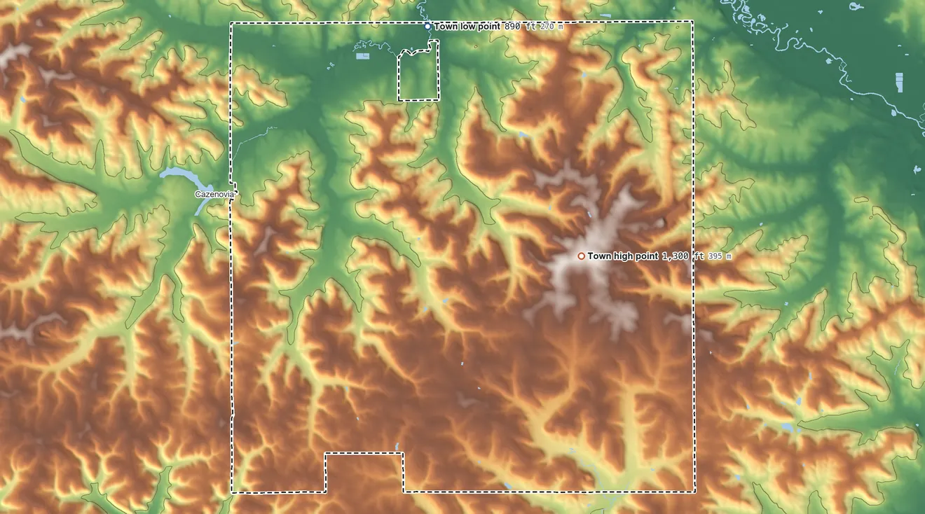 Topographic elevation map of Ironton, Wisconsin, shaded from 890 ft on the north side to 1,300 ft on the east side