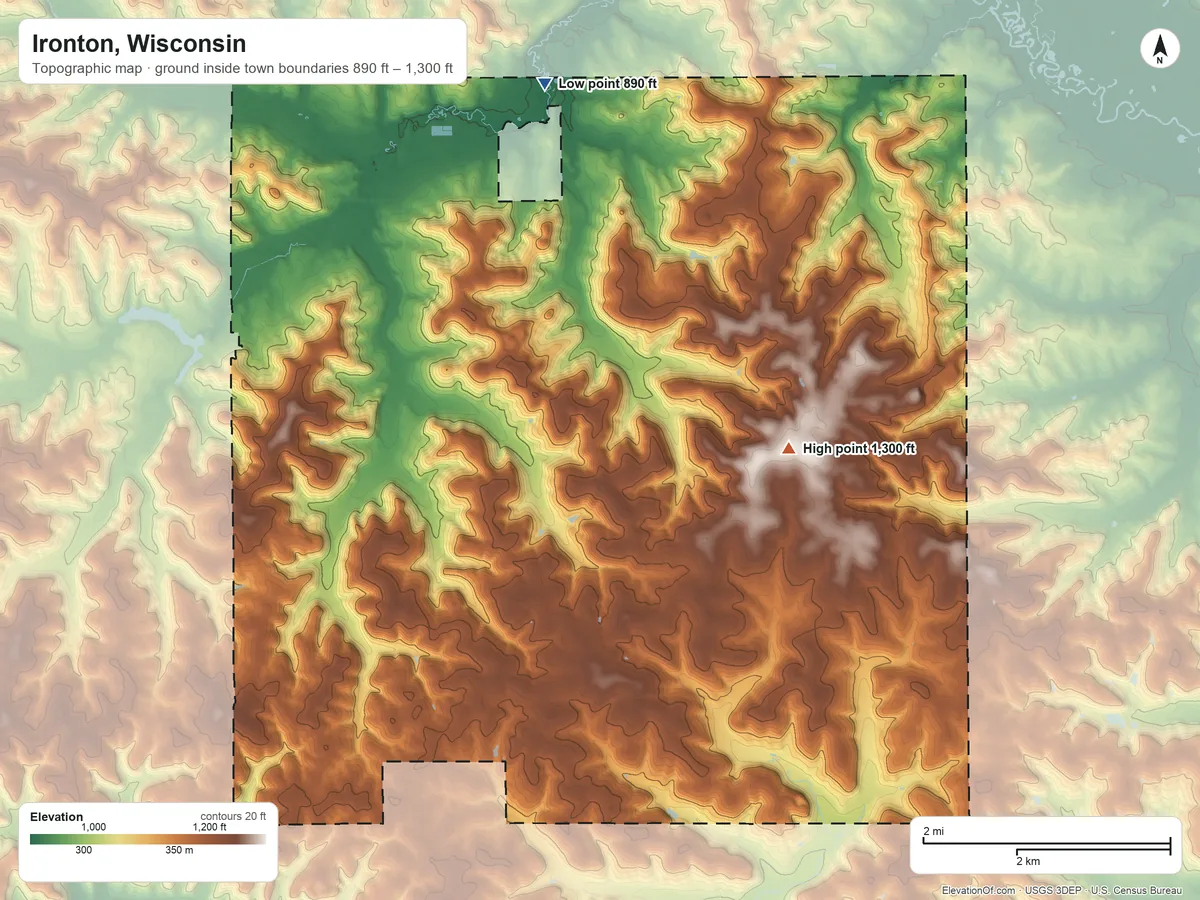 Topographic elevation map of Ironton, Wisconsin, shaded from 890 ft on the north side to 1,300 ft on the east side