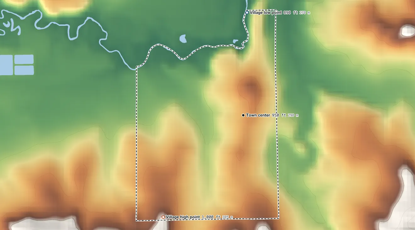 Topographic elevation map of Village of Ironton, Wisconsin, shaded from 890 ft on the north side to 1,000 ft on the southwest side