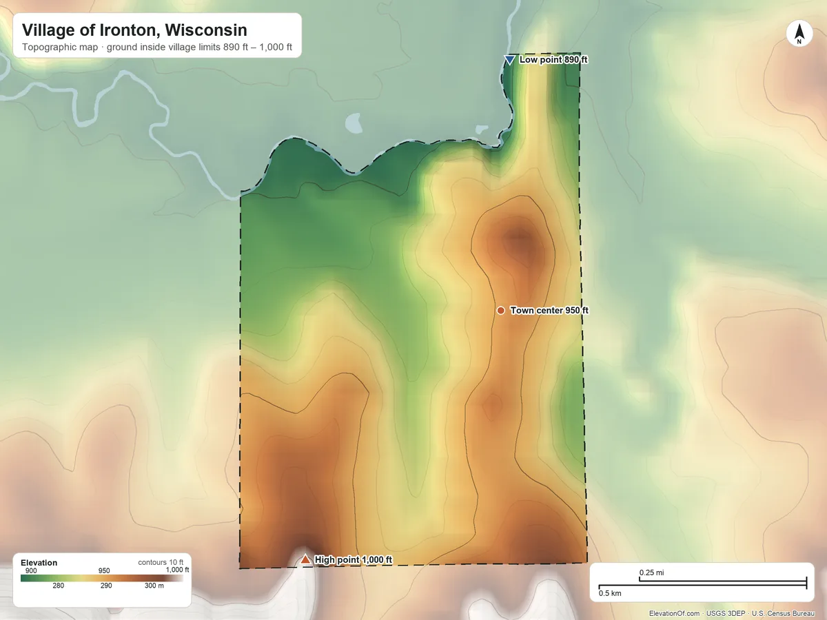 Topographic elevation map of Village of Ironton, Wisconsin, shaded from 890 ft on the north side to 1,000 ft on the southwest side