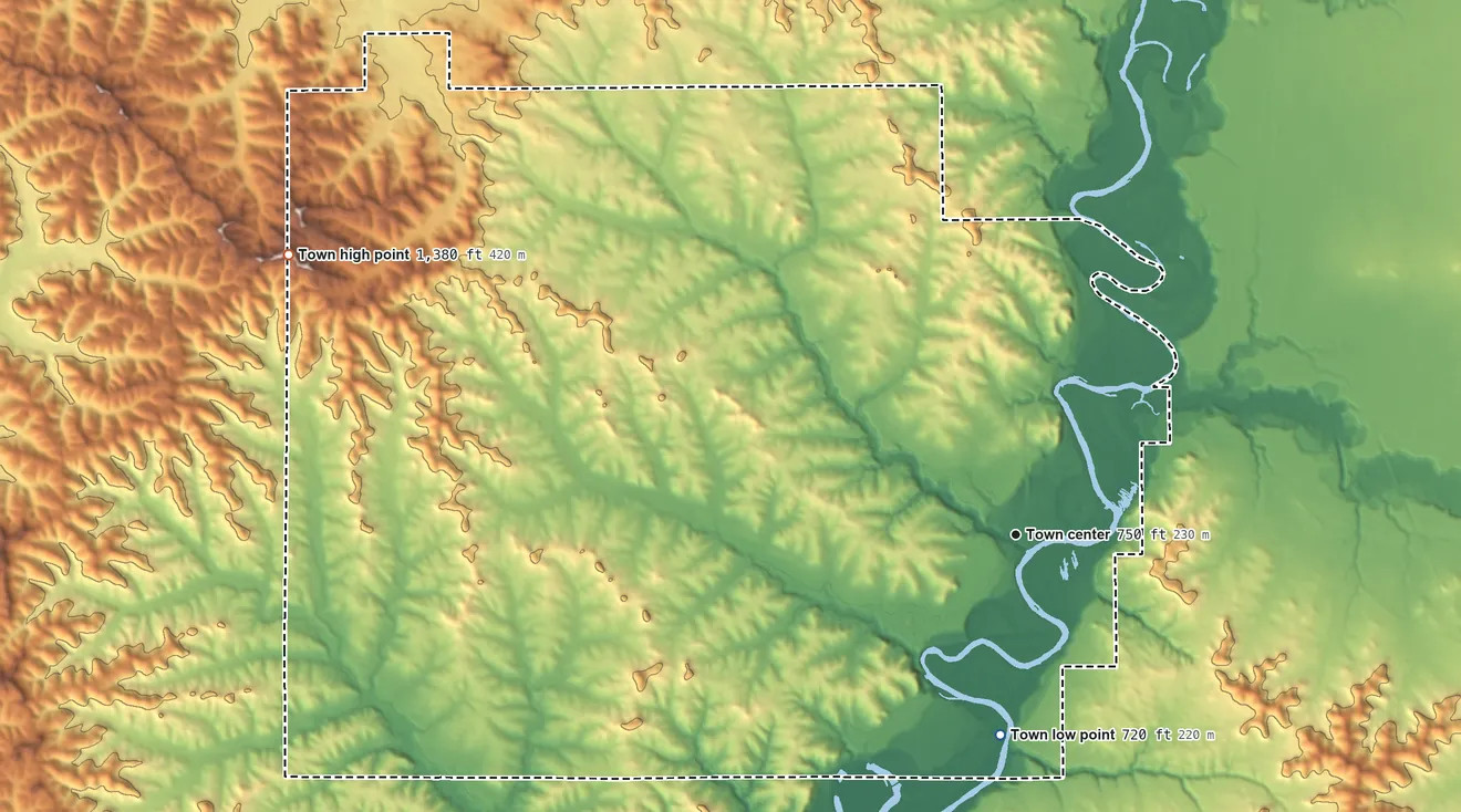 Topographic elevation map of Irving, Wisconsin, shaded from 720 ft on the south side to 1,380 ft on the west side
