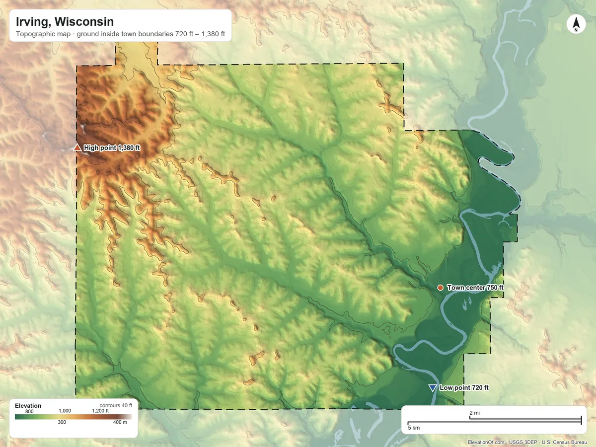 Topographic elevation map of Irving, Wisconsin, shaded from 720 ft on the south side to 1,380 ft on the west side