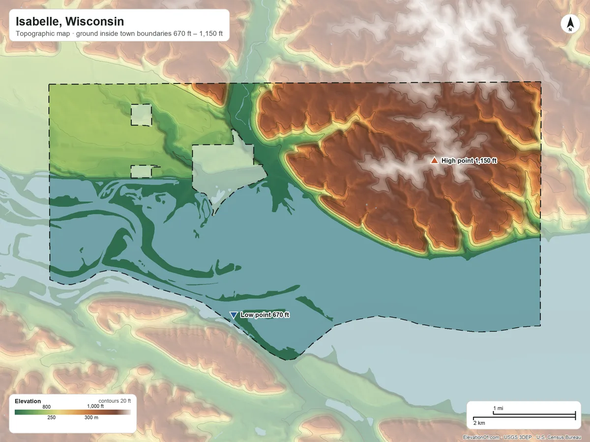 Topographic elevation map of Isabelle, Wisconsin, shaded from 670 ft on the south side to 1,150 ft on the east side