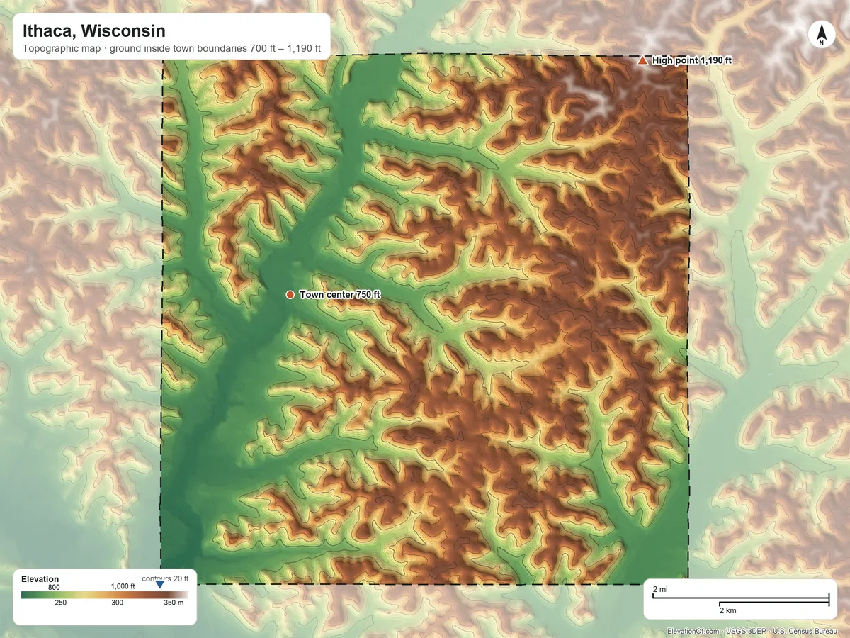 Topographic elevation map of Ithaca, Wisconsin, shaded from 700 ft on the southwest side to 1,190 ft on the northeast side