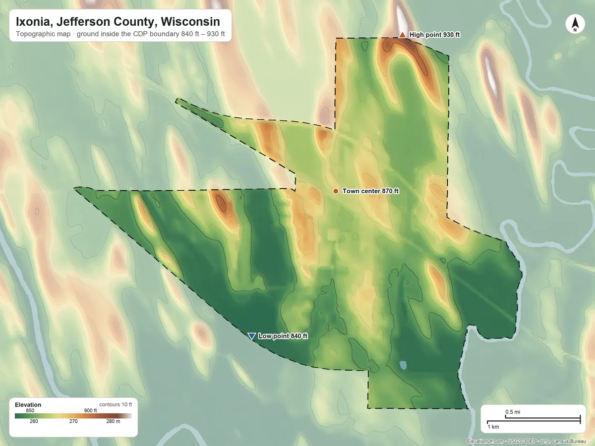 Topographic elevation map of Ixonia, Jefferson County, Wisconsin, shaded from 840 ft on the southwest side to 930 ft on the northeast side