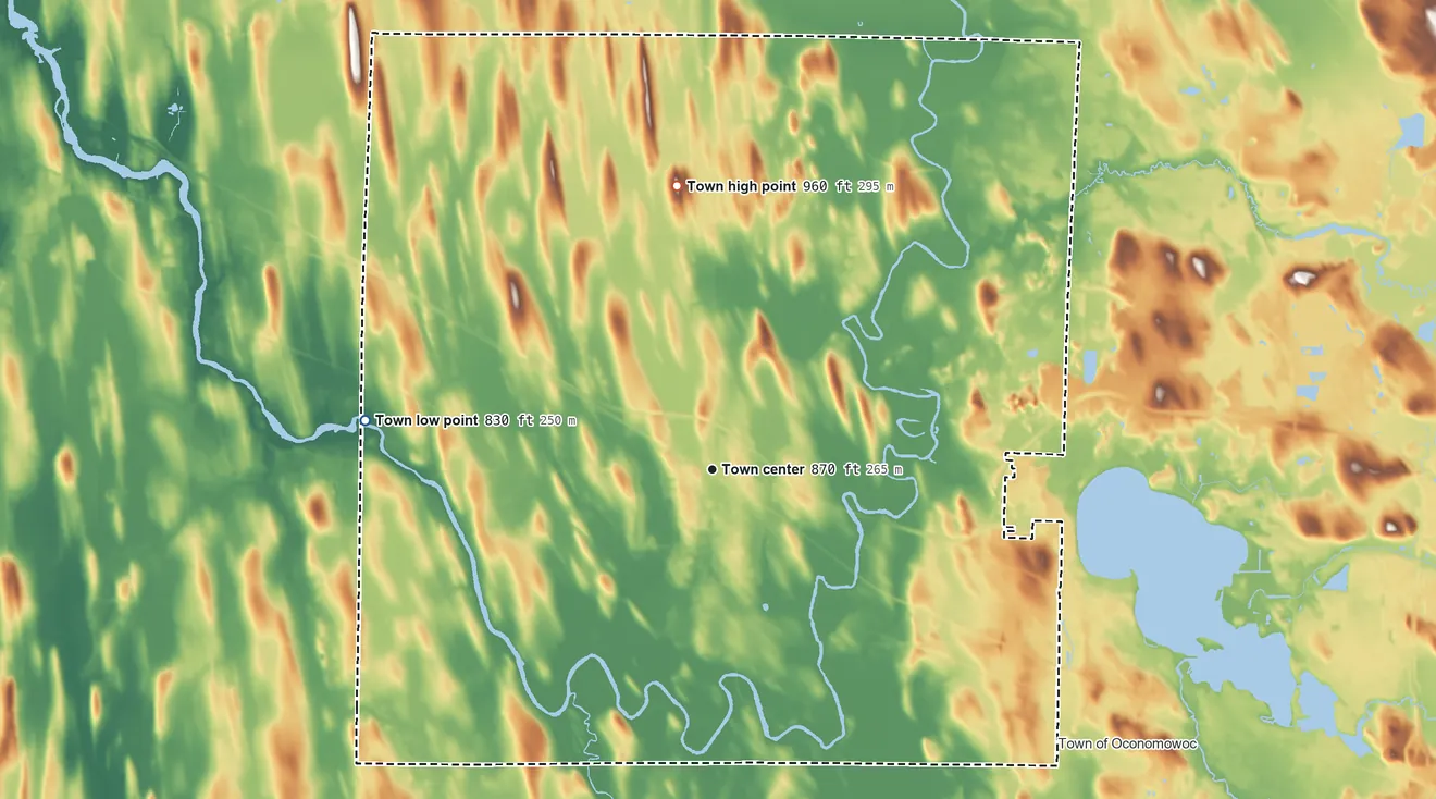 Topographic elevation map of Ixonia, Wisconsin, shaded from 830 ft on the west side to 960 ft on the north side