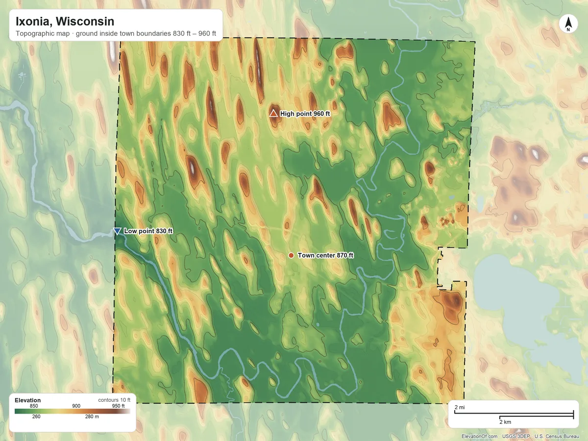 Topographic elevation map of Ixonia, Wisconsin, shaded from 830 ft on the west side to 960 ft on the north side