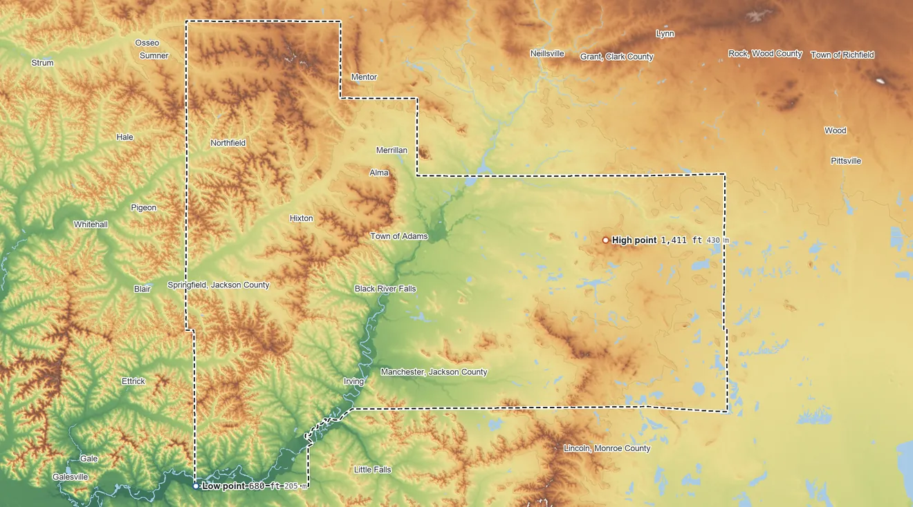 Topographic elevation map of Jackson County, Wisconsin, shaded from 680 ft on the southwest side to 1,411 ft on Saddle Mound
