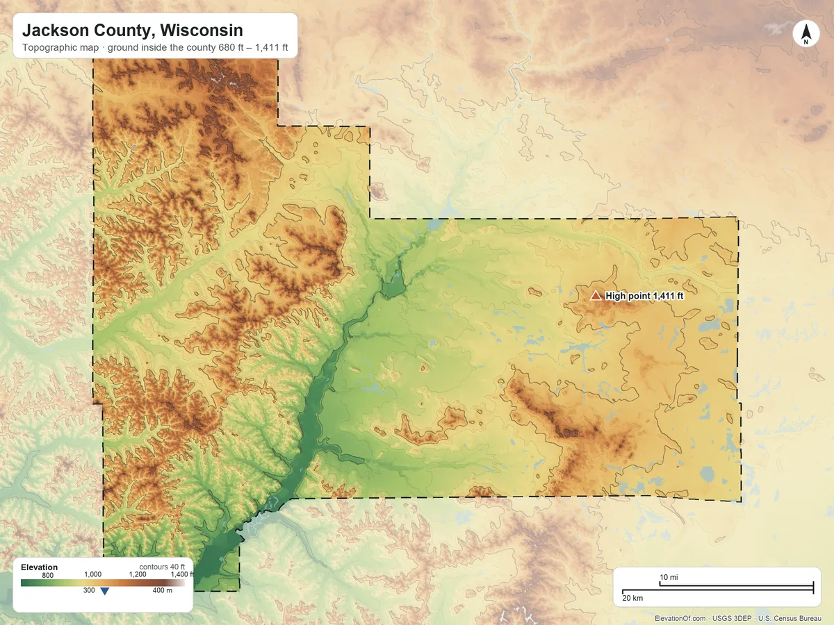 Topographic elevation map of Jackson County, Wisconsin, shaded from 680 ft on the southwest side to 1,411 ft on Saddle Mound