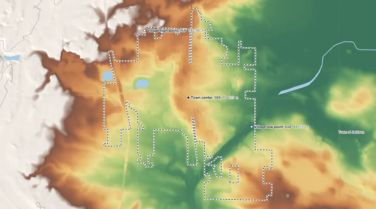 Topographic elevation map of Jackson, Wisconsin, shaded from 840 ft on the southeast side to 960 ft on the northwest side
