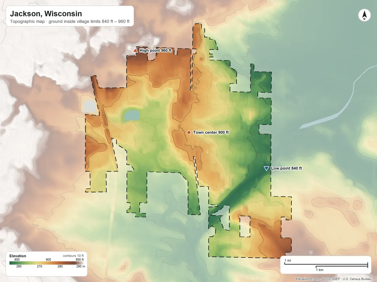 Topographic elevation map of Jackson, Wisconsin, shaded from 840 ft on the southeast side to 960 ft on the northwest side