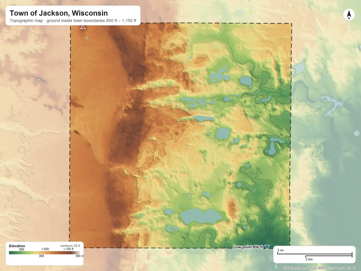 Topographic elevation map of Town of Jackson, Wisconsin, shaded from 850 ft on the southeast side to 1,150 ft on the northwest side