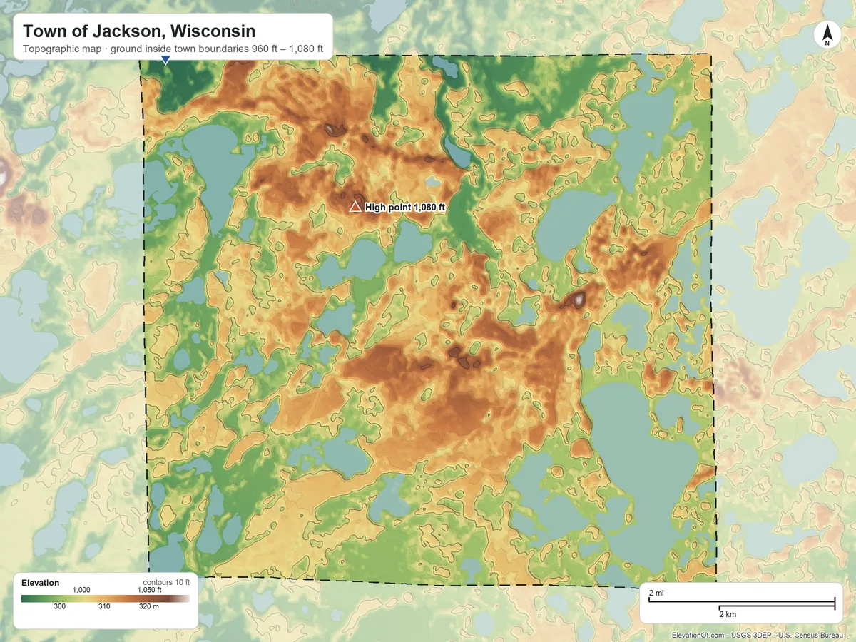 Topographic elevation map of Town of Jackson, Wisconsin, shaded from 960 ft on the northwest side to 1,080 ft on the northwest side