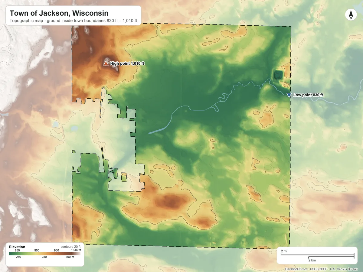 Topographic elevation map of Town of Jackson, Wisconsin, shaded from 830 ft on the northeast side to 1,010 ft on the northwest side