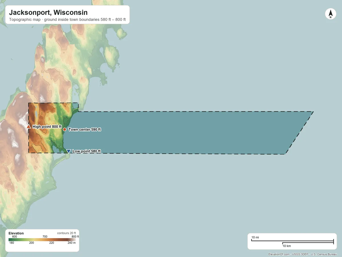 Topographic elevation map of Jacksonport, Wisconsin, shaded from 580 ft near the middle to 800 ft on the west side