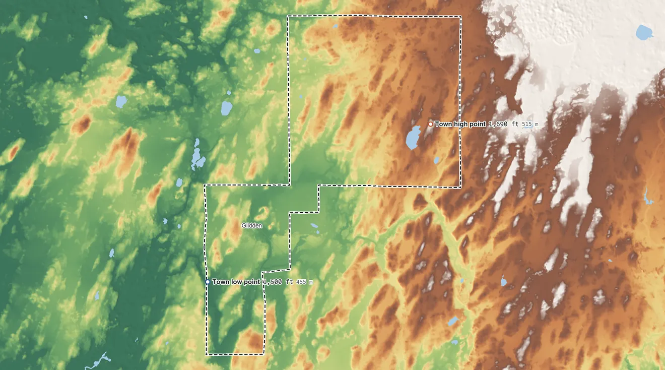 Topographic elevation map of Jacobs, Wisconsin, shaded from 1,500 ft on the southwest side to 1,690 ft on the northeast side