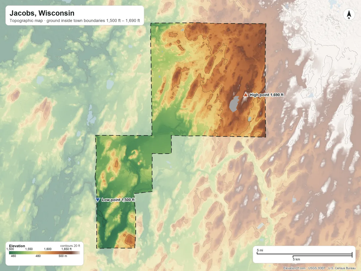 Topographic elevation map of Jacobs, Wisconsin, shaded from 1,500 ft on the southwest side to 1,690 ft on the northeast side