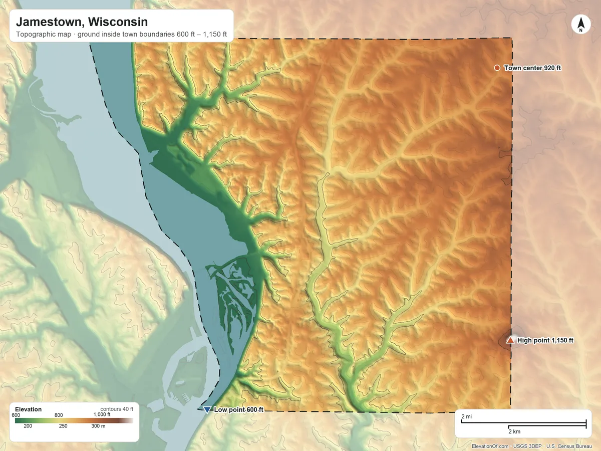 Topographic elevation map of Jamestown, Wisconsin, shaded from 600 ft on the southwest side to 1,150 ft on the south edge, below higher ground just outside