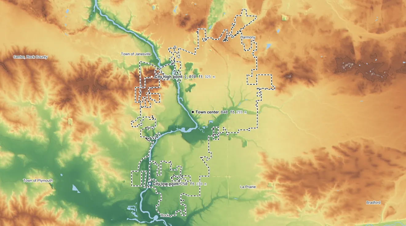Topographic elevation map of Janesville, Wisconsin, shaded from 750 ft on the southwest side to 1,070 ft on the northwest side