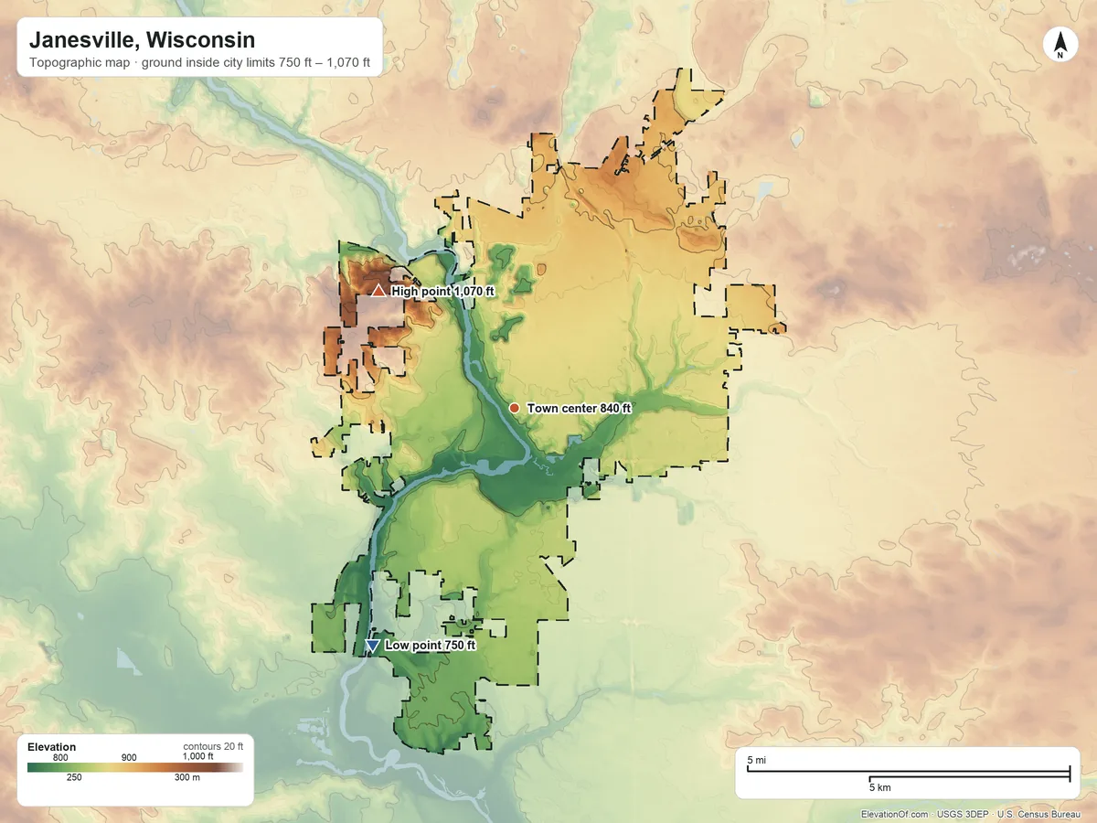 Topographic elevation map of Janesville, Wisconsin, shaded from 750 ft on the southwest side to 1,070 ft on the northwest side