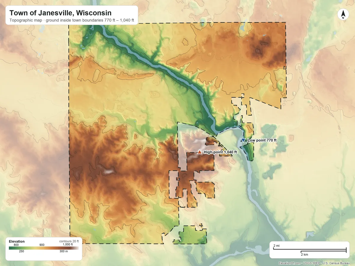 Topographic elevation map of Town of Janesville, Wisconsin, shaded from 770 ft on the southeast side to 1,040 ft on the southeast side
