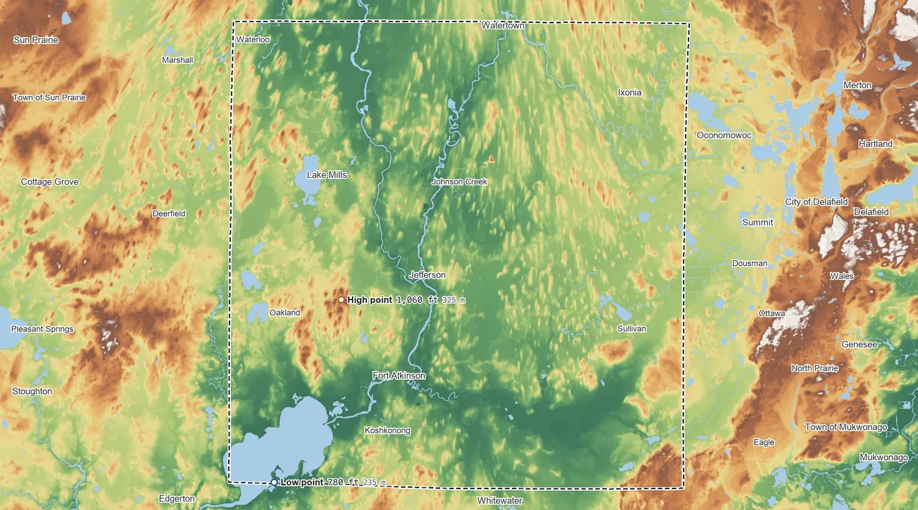Topographic elevation map of Jefferson County, Wisconsin, shaded from 780 ft on the southwest side to 1,060 ft on the west side