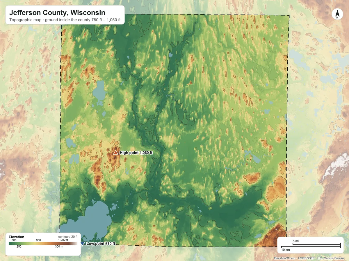 Topographic elevation map of Jefferson County, Wisconsin, shaded from 780 ft on the southwest side to 1,060 ft on the west side