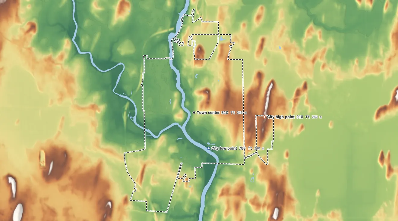 Topographic elevation map of Jefferson, Wisconsin, shaded from 780 ft on the south side to 910 ft on the east side