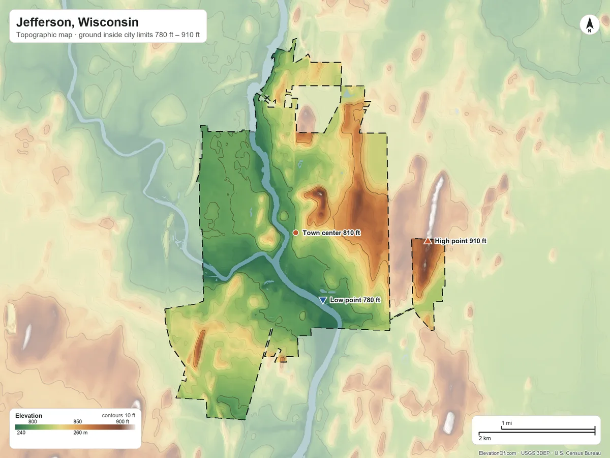 Topographic elevation map of Jefferson, Wisconsin, shaded from 780 ft on the south side to 910 ft on the east side