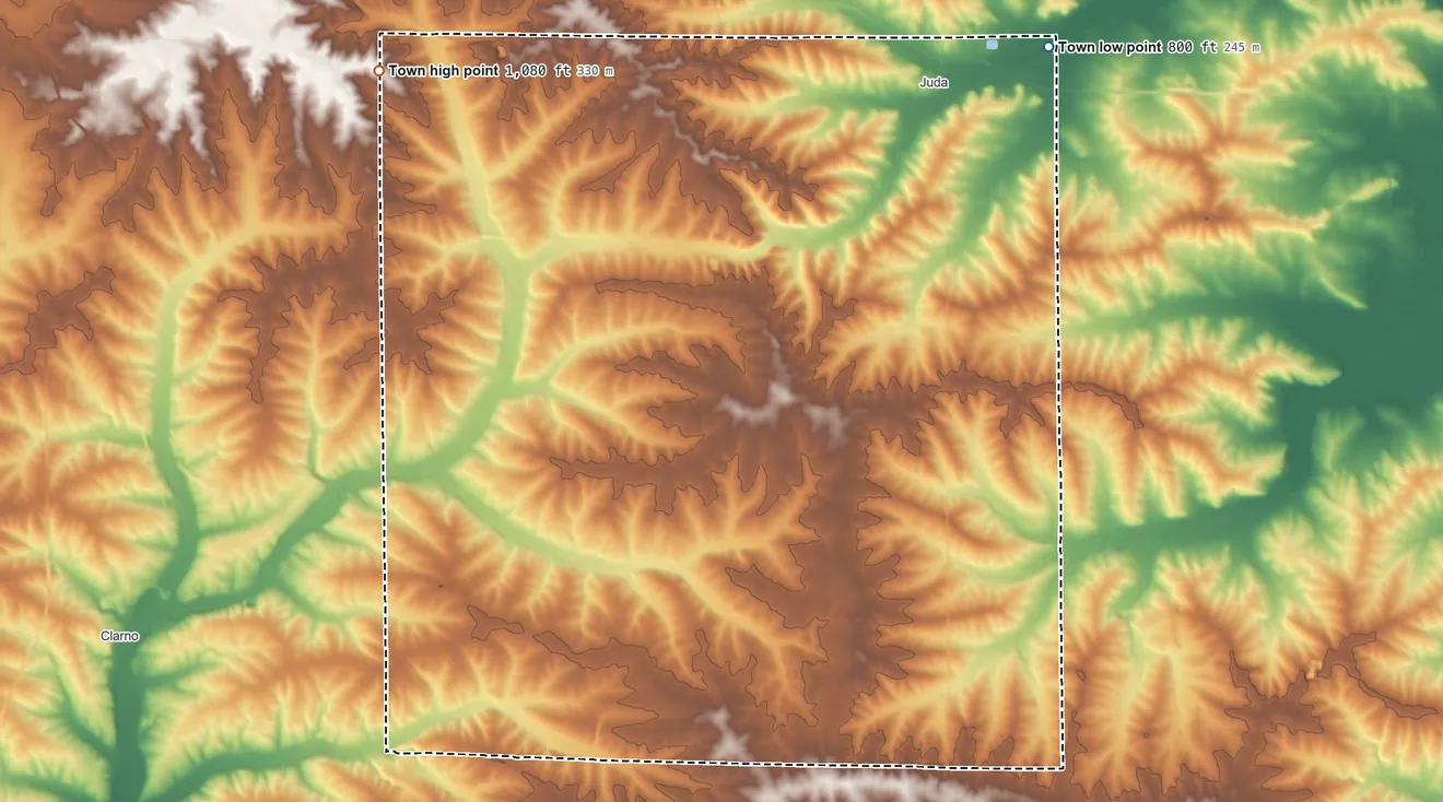 Topographic elevation map of Town of Jefferson, Wisconsin, shaded from 800 ft on the northeast side to 1,080 ft on the west side