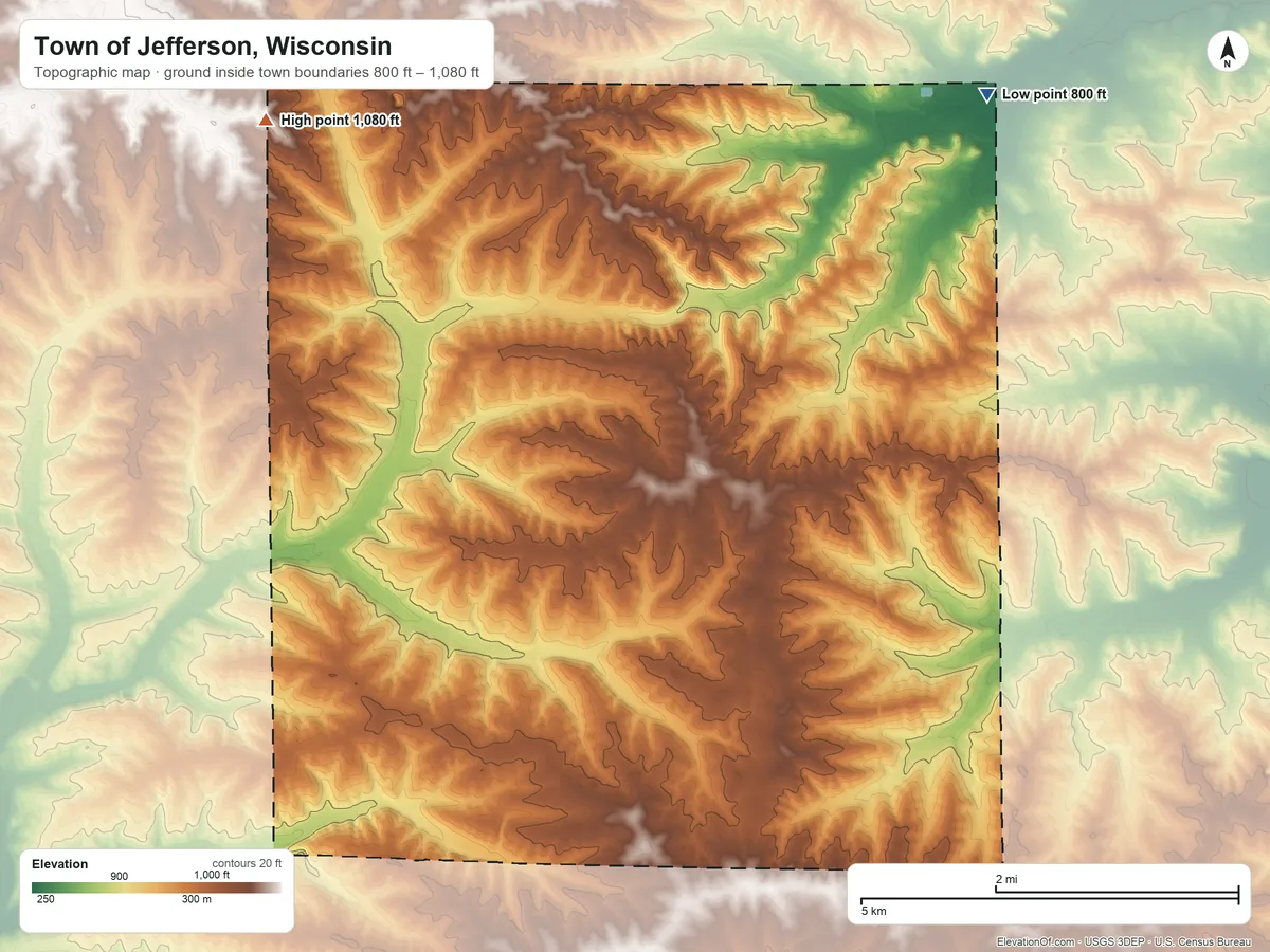 Topographic elevation map of Town of Jefferson, Wisconsin, shaded from 800 ft on the northeast side to 1,080 ft on the west side